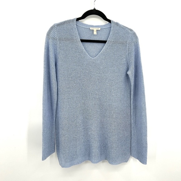 EILEEN FISHER Blue 100% Organic Linen Knit V-Neck Oversized Sweater Top Size XS - Picture 1 of 6